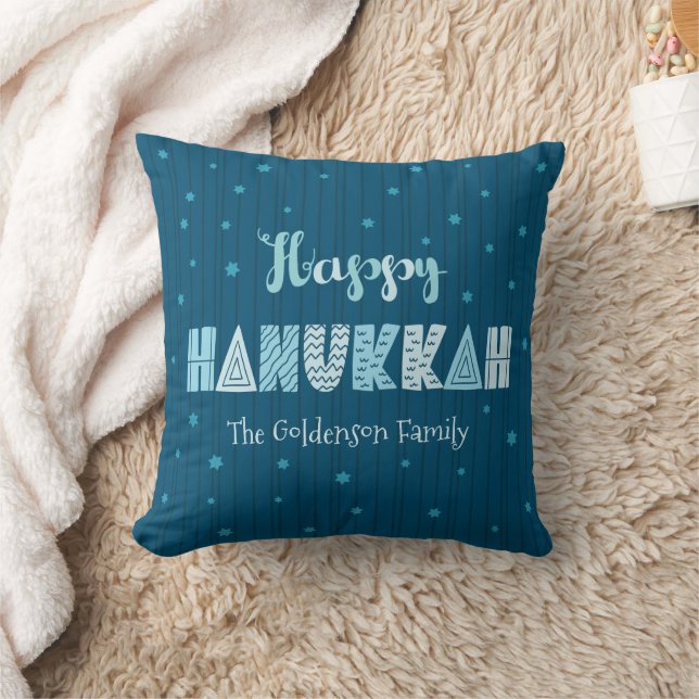 Blue Happy Hanukkah Typography Star of David Name  Cushion (Blanket)