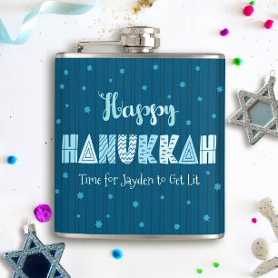 Blue Happy Hanukkah Typography Star of David Name Hip Flask