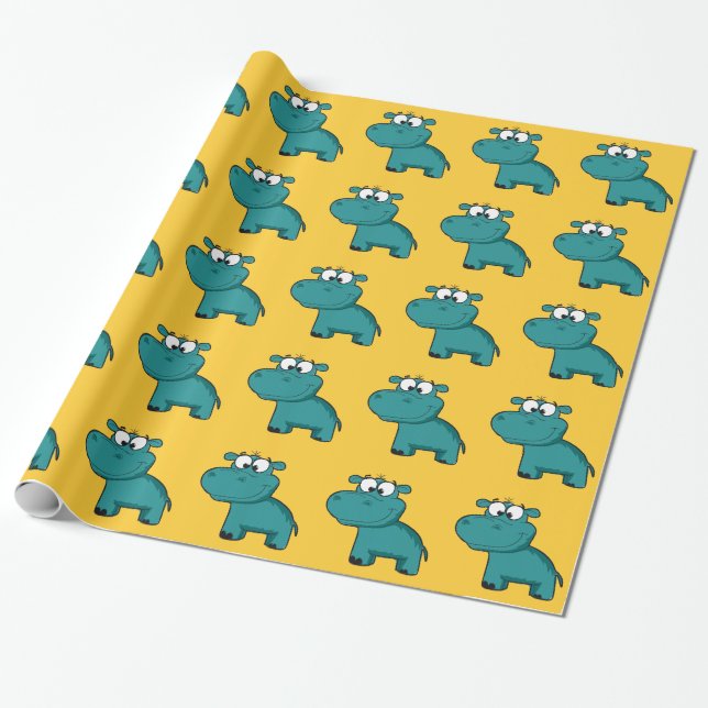 Blue Happy Hippo Wrapping Paper (Unrolled)