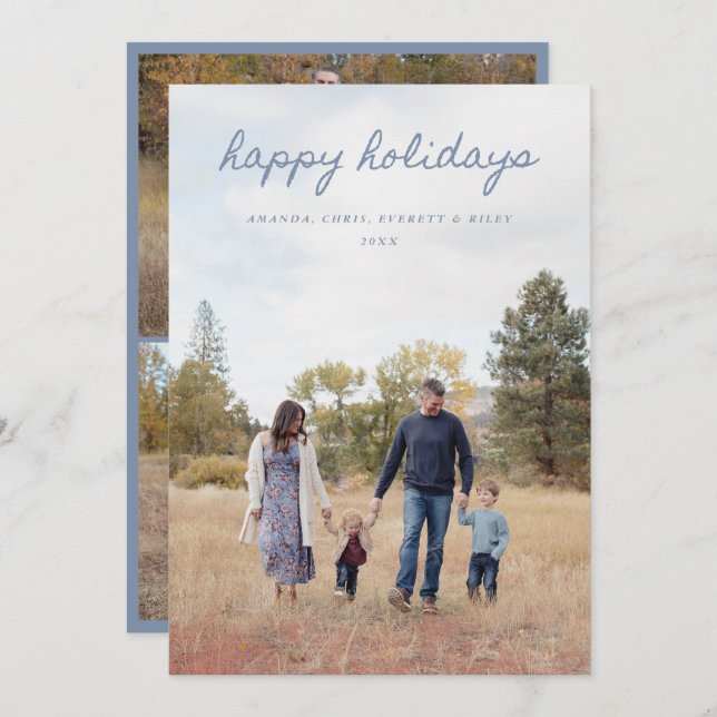 Blue Happy Holidays Card 4 Family Photos (Front/Back)