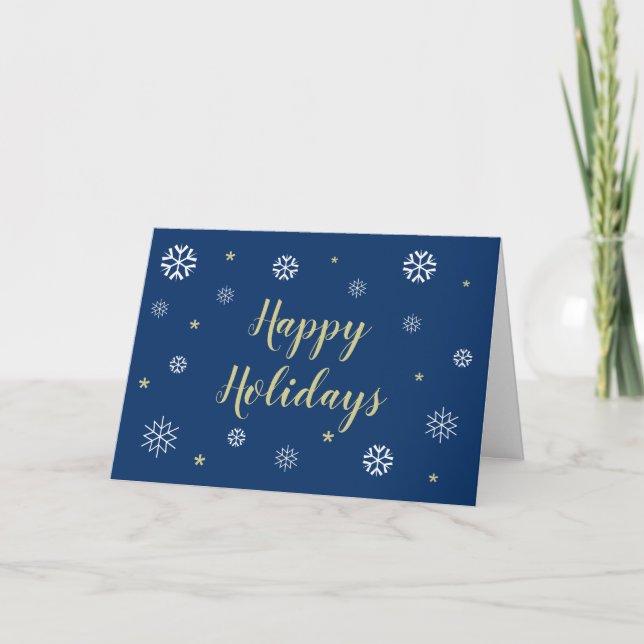 Blue Happy Holidays Elegant Typography Snowflakes Card (Front)