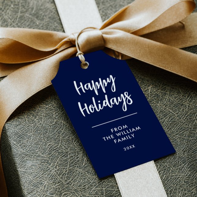 BLUE HAPPY HOLIDAYS NAME DIY CHRISTMAS GIFT TAG (NAVY BLUE WHITE DO IT YOURSELF SAVE MONEY CUT THE LINES FOR THIS GIFT TAG CHRISTMAS FAMILY NAME)