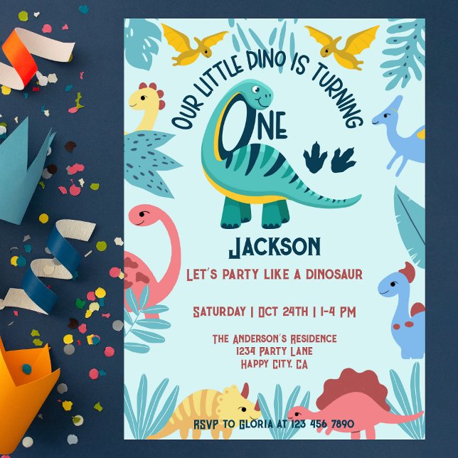 Blue Happy Little Dinosaurs One Boy 1st Birthday Invitation (Creator Uploaded)