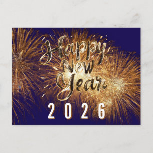 Blue Happy new year 2026 golden details fireworks Postcard