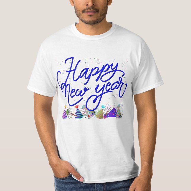 Blue 'Happy New Year' New Year's Party T-Shirt (Front)