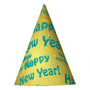 blue happy new year text in gold paper hat