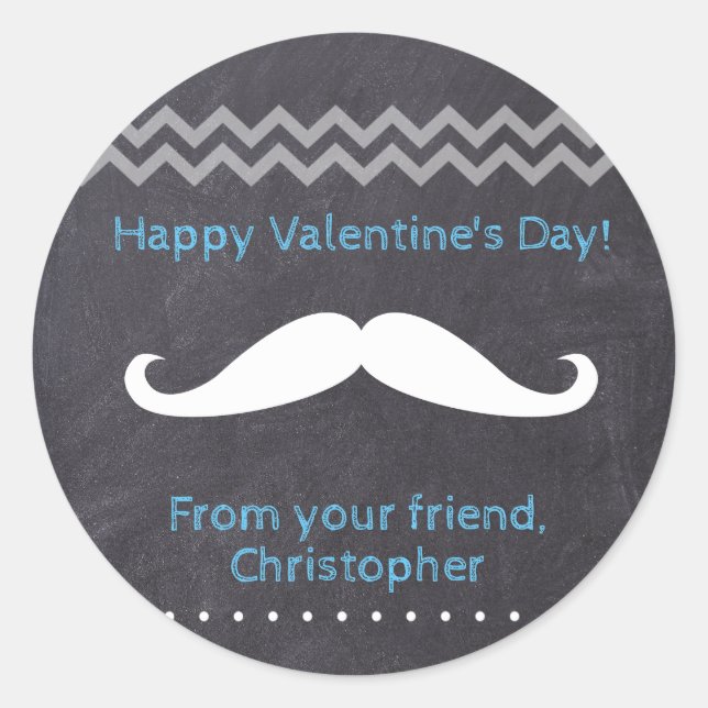 Blue Happy Valentine's day moustache Classic Round Sticker (Front)