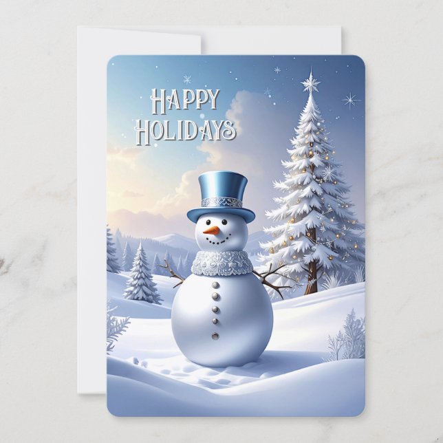 Blue Hat Snowman Christmas Tree Holiday Card (Front)