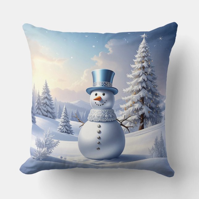 Blue Hat Snowman Christmas Tree Holiday Cushion (Front)