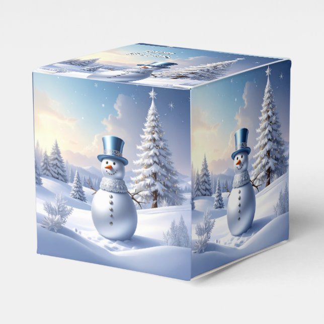 Blue Hat Snowman Christmas Tree Holiday Favor Box (Front Side)
