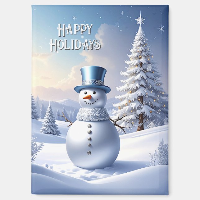 Blue Hat Snowman Christmas Tree Holiday Magnet (Front)