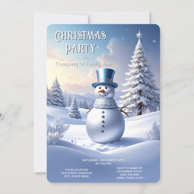 Blue Hat Snowman Christmas Tree Holiday Party Invitation (Front)