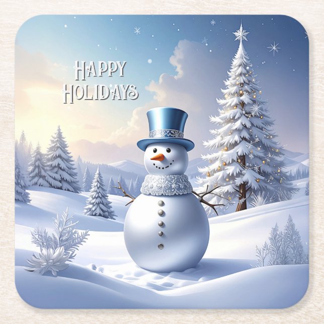 Blue Hat Snowman Christmas Tree Holiday Square Paper Coaster (Front)