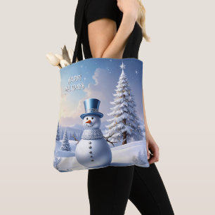 Blue Hat Snowman Christmas Tree Holiday Tote Bag