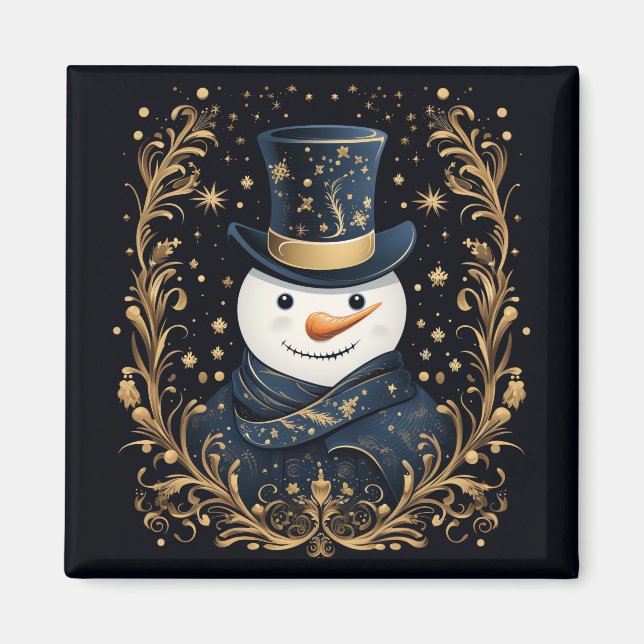 Blue Hat Snowman Gold Decorative Holiday Magnet (Front)