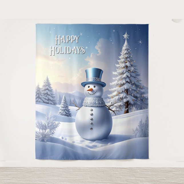 Blue Hat Snowman Holiday Backdrop Tapestry (Front)