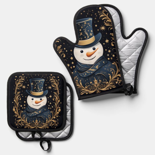 Blue Hat Snowman Holiday Oven Mitt & Pot Holder Set (Front/Back)