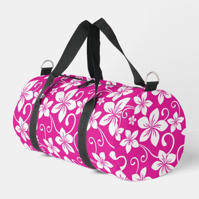 BLUE HAWAII PATTERN IN HOT PINK DUFFLE BAG (Left Corner)