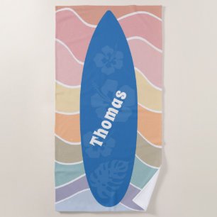 Blue Hawaii Surfboard on Pastel Waves Beach Towel