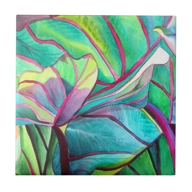 Blue Hawaii Tropical leaf foliage art Ceramic Tile (Front)