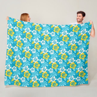 Blue Hawaiian Hibiscus Floral Pattern Fleece Blanket