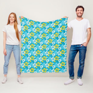 Blue Hawaiian Hibiscus Floral Pattern Fleece Blanket