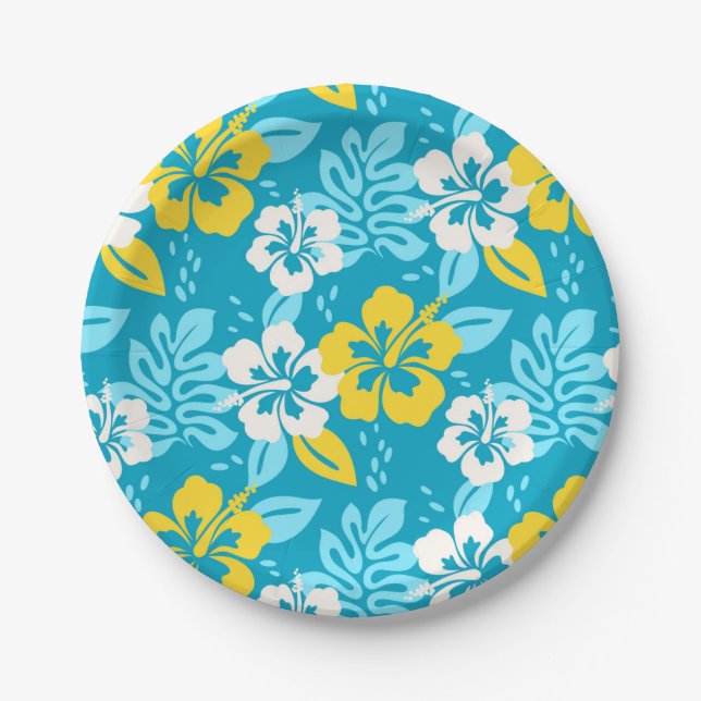 Blue Hawaiian Hibiscus Floral Pattern Paper Plate (Front)