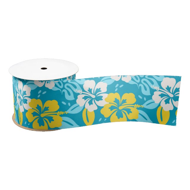 Blue Hawaiian Hibiscus Floral Pattern Satin Ribbon (Spool)