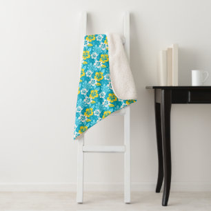 Blue Hawaiian Hibiscus Floral Pattern Sherpa Blanket