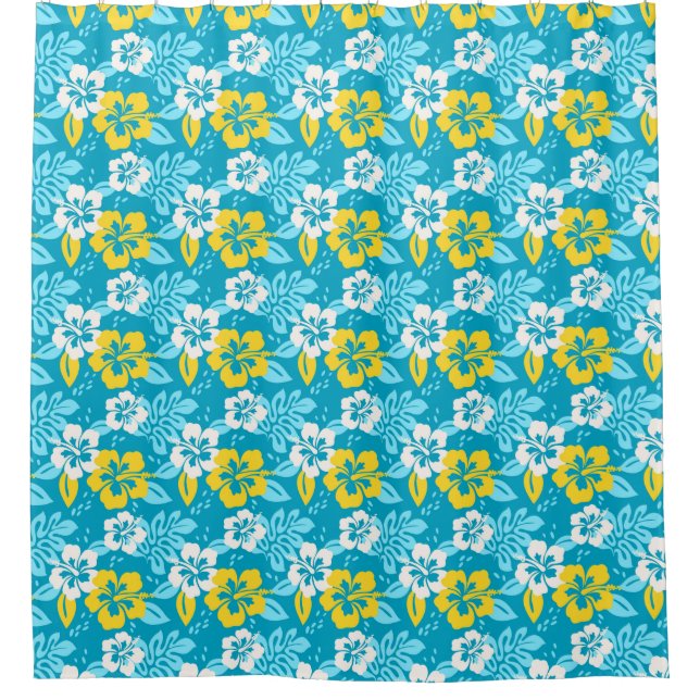 Blue Hawaiian Hibiscus Floral Pattern Shower Curtain (Front)