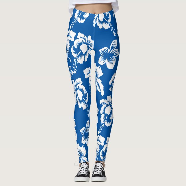 Blue Hawaiian Hibiscus Flowers Leggings (Front)