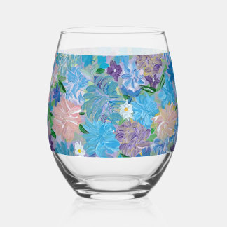Blue Haze Floral Stemless Wine Glass