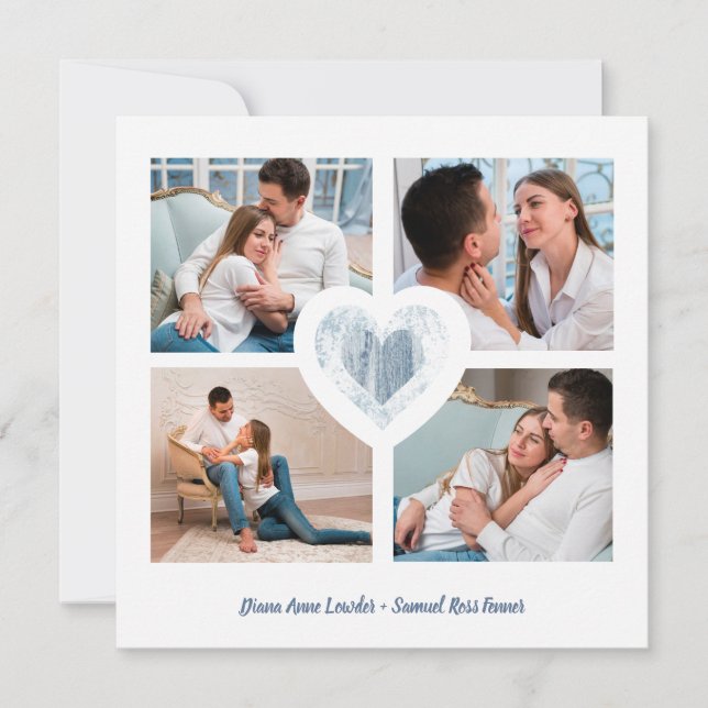 Blue Heart 4 Photos Engagement Couple Session Save The Date (Front)