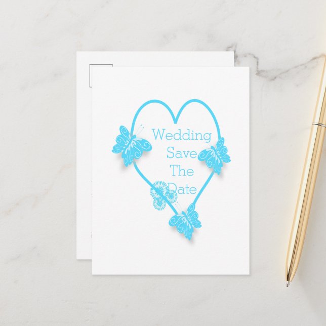 Blue Heart And Butterflies Design Wedding Announcement Postcard (Front/Back In Situ)