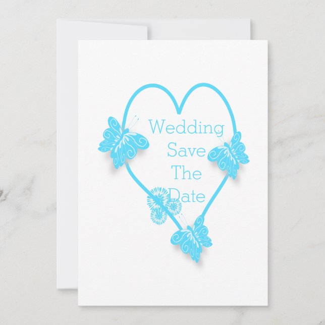 Blue Heart And Butterflies Design Wedding Save The Date (Front)