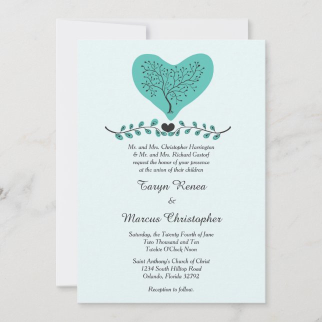 Blue Heart and Tree 5x7 Wedding Invitation (Front)