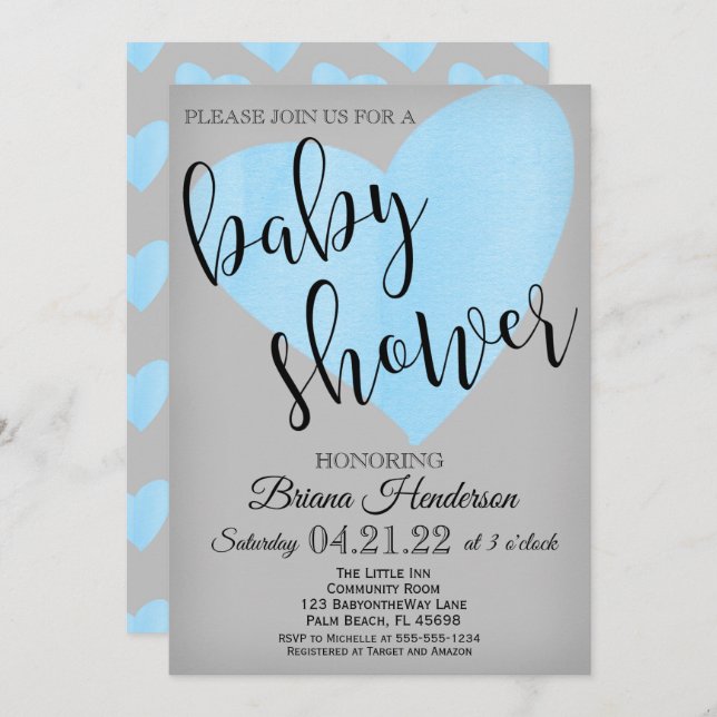 Blue Heart Baby Shower Invitation for a Boy Script (Front/Back)