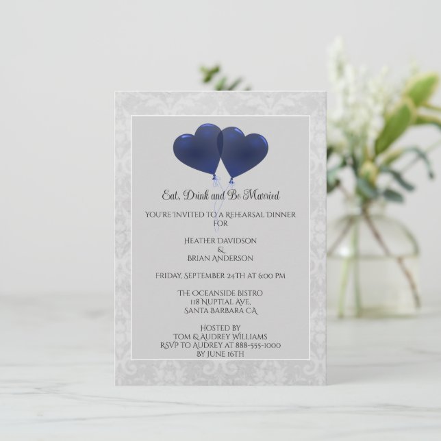 Blue Heart Balloons Rehearsal Dinner Invitation (Standing Front)