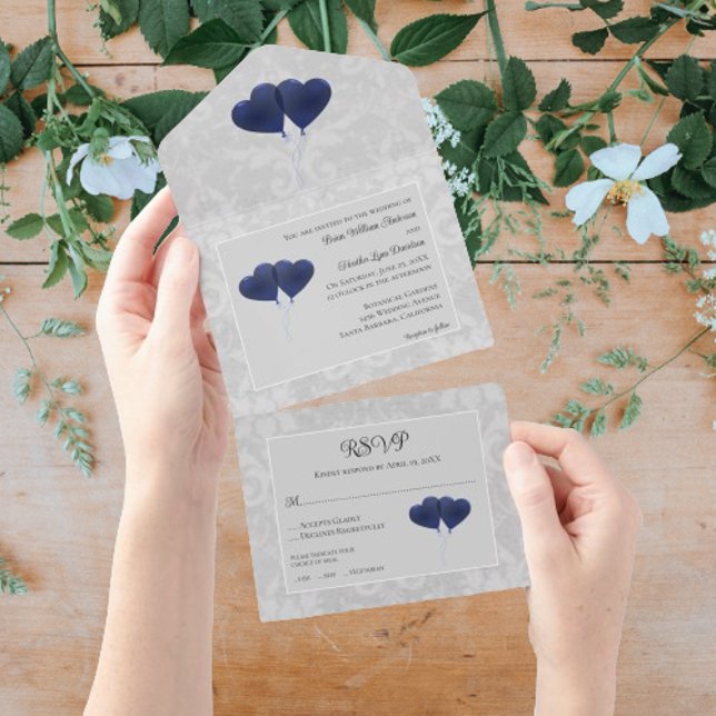 Blue Heart Balloons Wedding All In One Invitation (Blue Heart Balloons Wedding All in One Invitation)