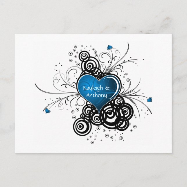 Blue Heart Black Swirls Save The Date Announcement Postcard (Front)