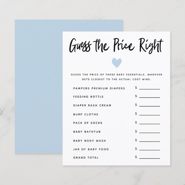 Blue Heart Boy Baby Shower Guess The Price Right (Front/Back)