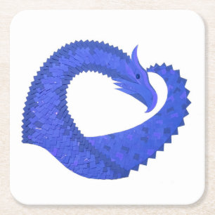 Blue heart dragon on white square paper coaster