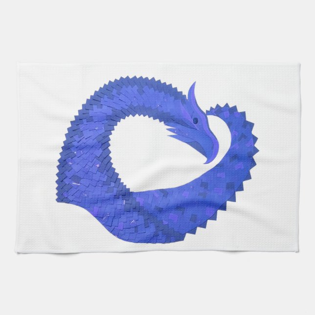 Blue heart dragon on white tea towel (Horizontal)