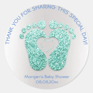 Blue Heart Feet Baby Shower Favour Thank Mint Boy Classic Round Sticker