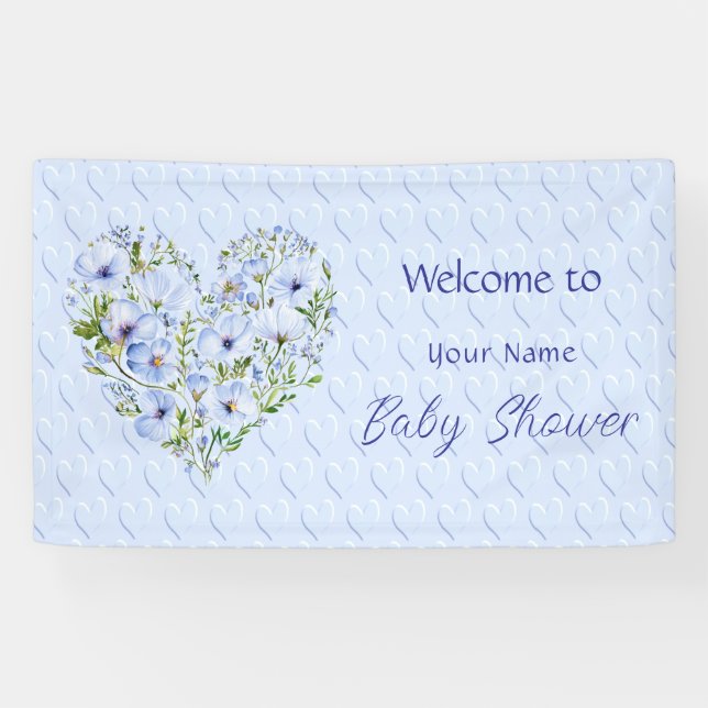 Blue Heart Floral Baby Shower Banner (Horizontal)