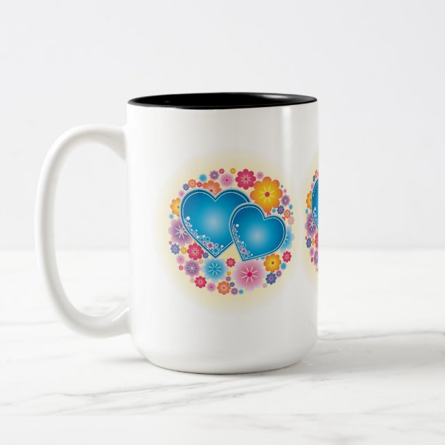 Blue Heart Floral Two-Tone Coffee Mug (Left)