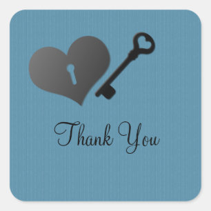 Blue Heart Lock and Key Thank You Stickers