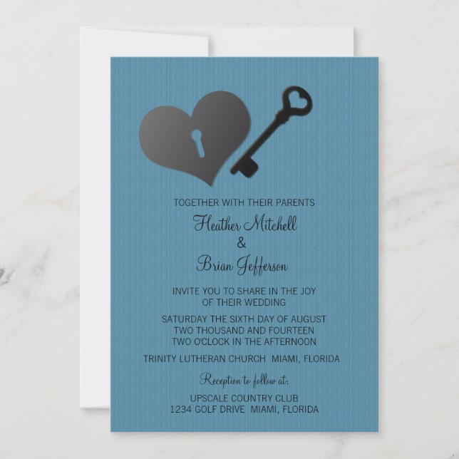 Blue Heart Lock and Key Wedding Invite (Front)