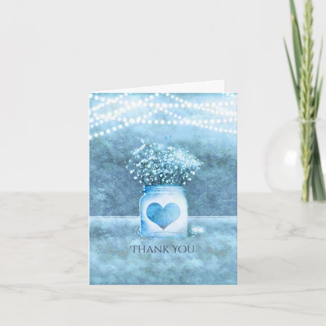 Blue Heart Mason Jar & Baby's Breath Thank You Card (Front)