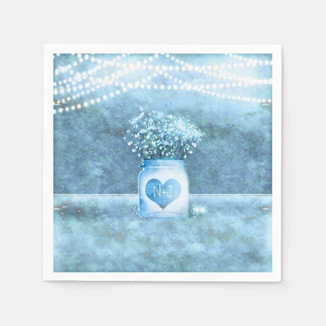 Blue Heart Mason Jar & Baby's Breath Wedding Napkin (Front)